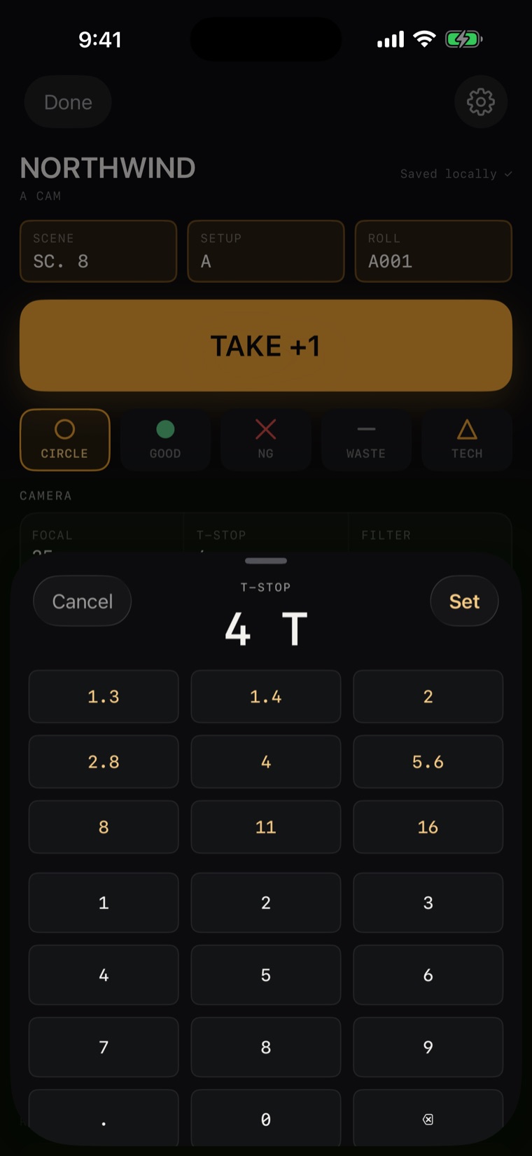 CamLog no-keyboard camera keypad for entering a T-stop, with presets and values that carry forward to the next take
