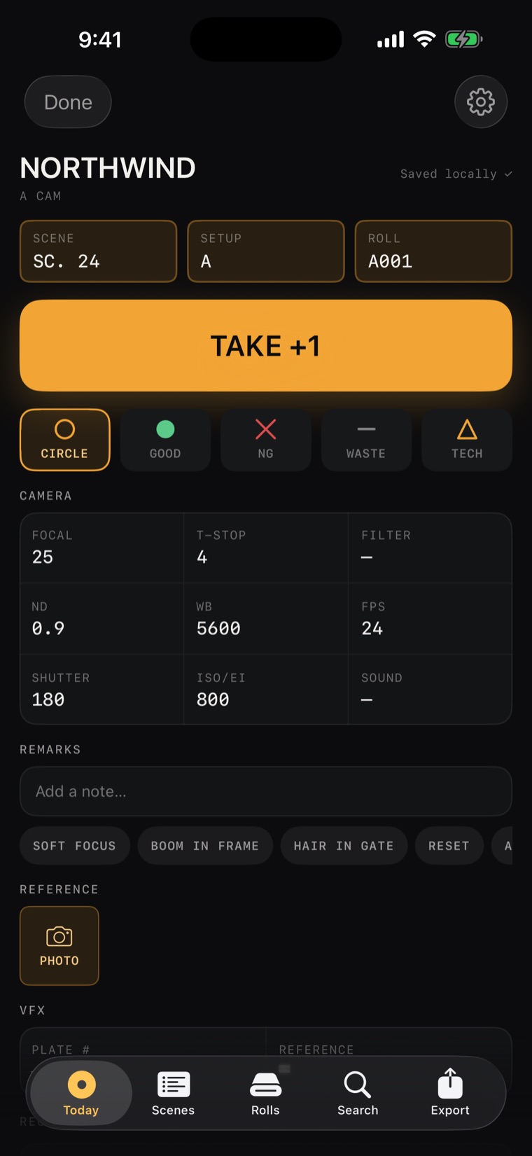 CamLog Today screen logging a take on the film NORTHWIND — a big TAKE +1 button, one-tap statuses, and camera fields for focal length, T-stop, ND, WB, FPS and ISO
