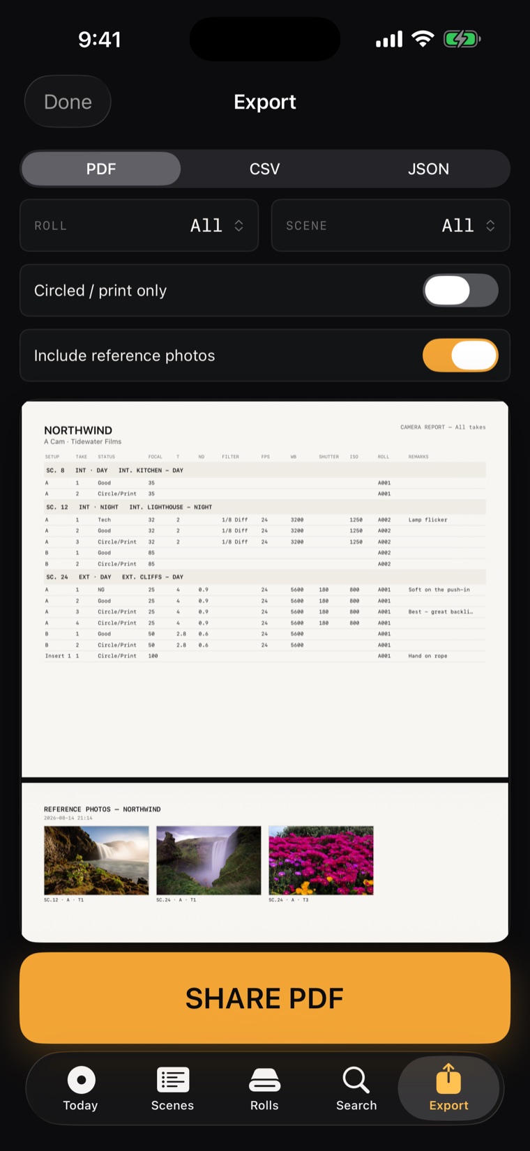 CamLog export screen showing a professional PDF camera report with a reference-photo appendix and a Share button