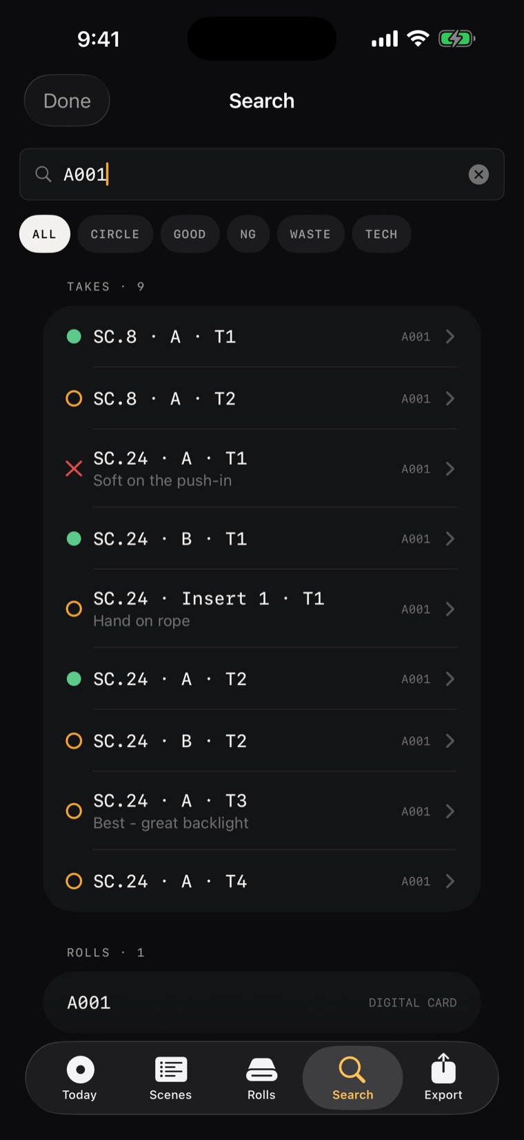 CamLog search results across takes with status filters — find any take by remark, roll, lens or scene