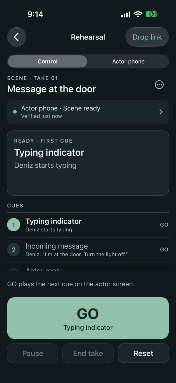 CueInsert control screen with the scene Message at the door ready: the first cue, a typing indicator, and a large GO button