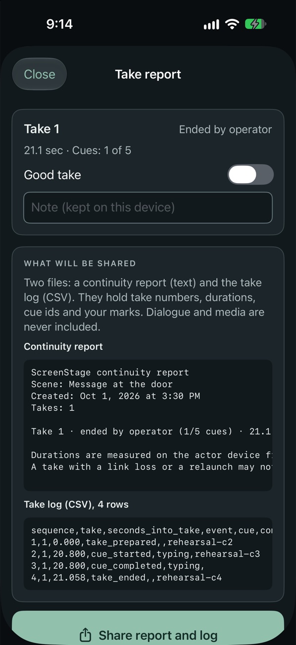 CueInsert take report with take duration, a good-take marker, a continuity report and a take log, with a Share button