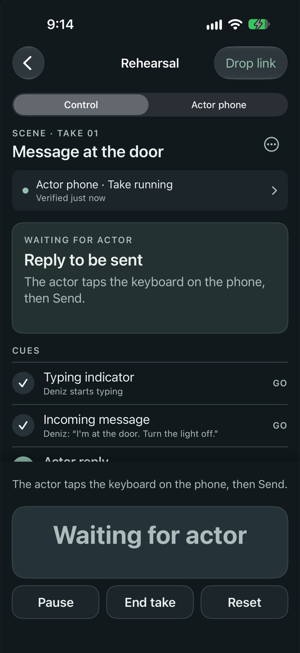 CuePhone control screen showing Waiting for actor while the actor taps the keyboard on the phone, with Pause, End take and Reset buttons