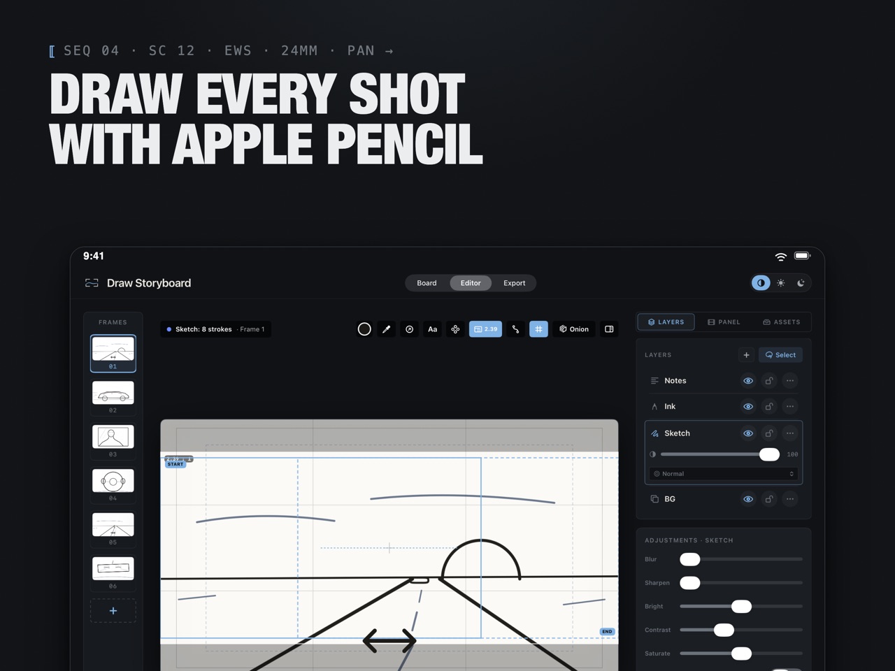 Draw Storyboard editor on iPad — drawing a frame with Apple Pencil, layers, onion skin and aspect guides