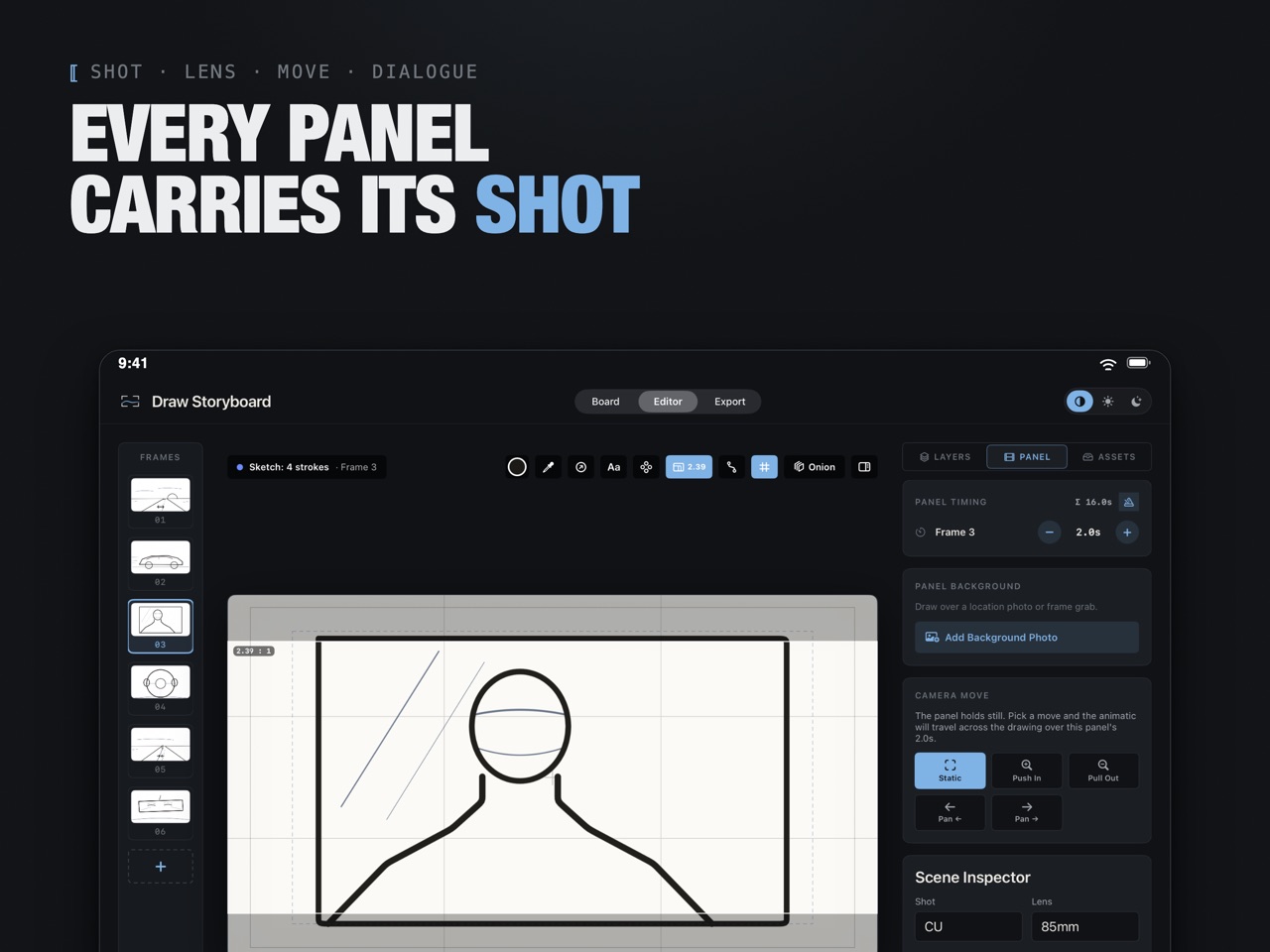 Draw Storyboard panel inspector with shot size, lens, timing and a camera move for the animatic
