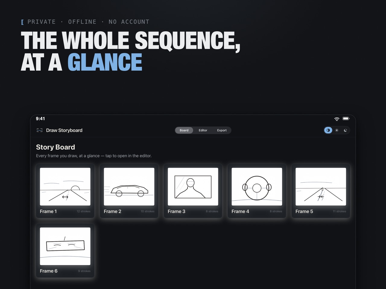 Draw Storyboard board view showing the whole sequence of frames at a glance on iPad