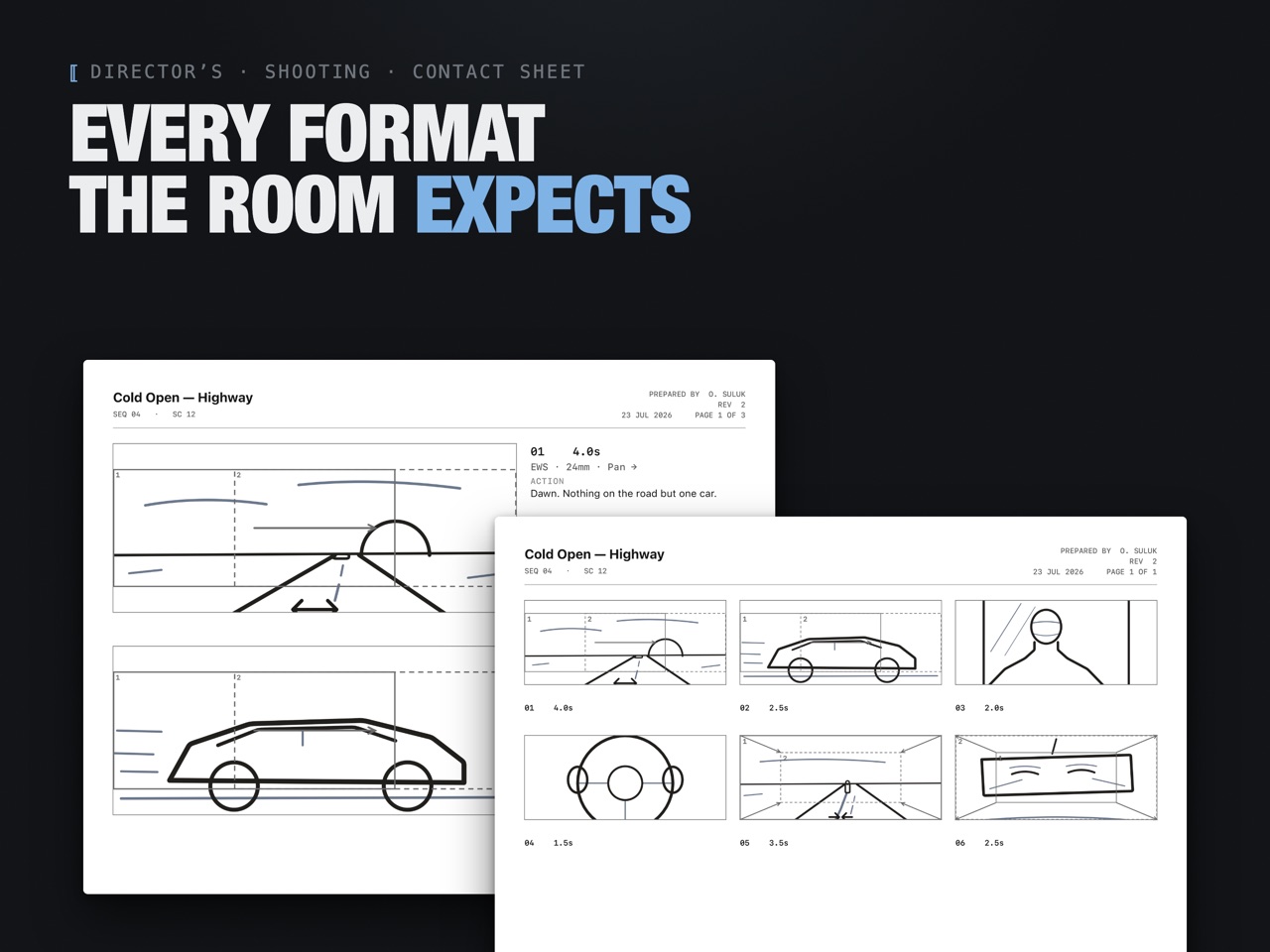 Draw Storyboard PDF outputs — director's board, shooting board and contact sheet layouts