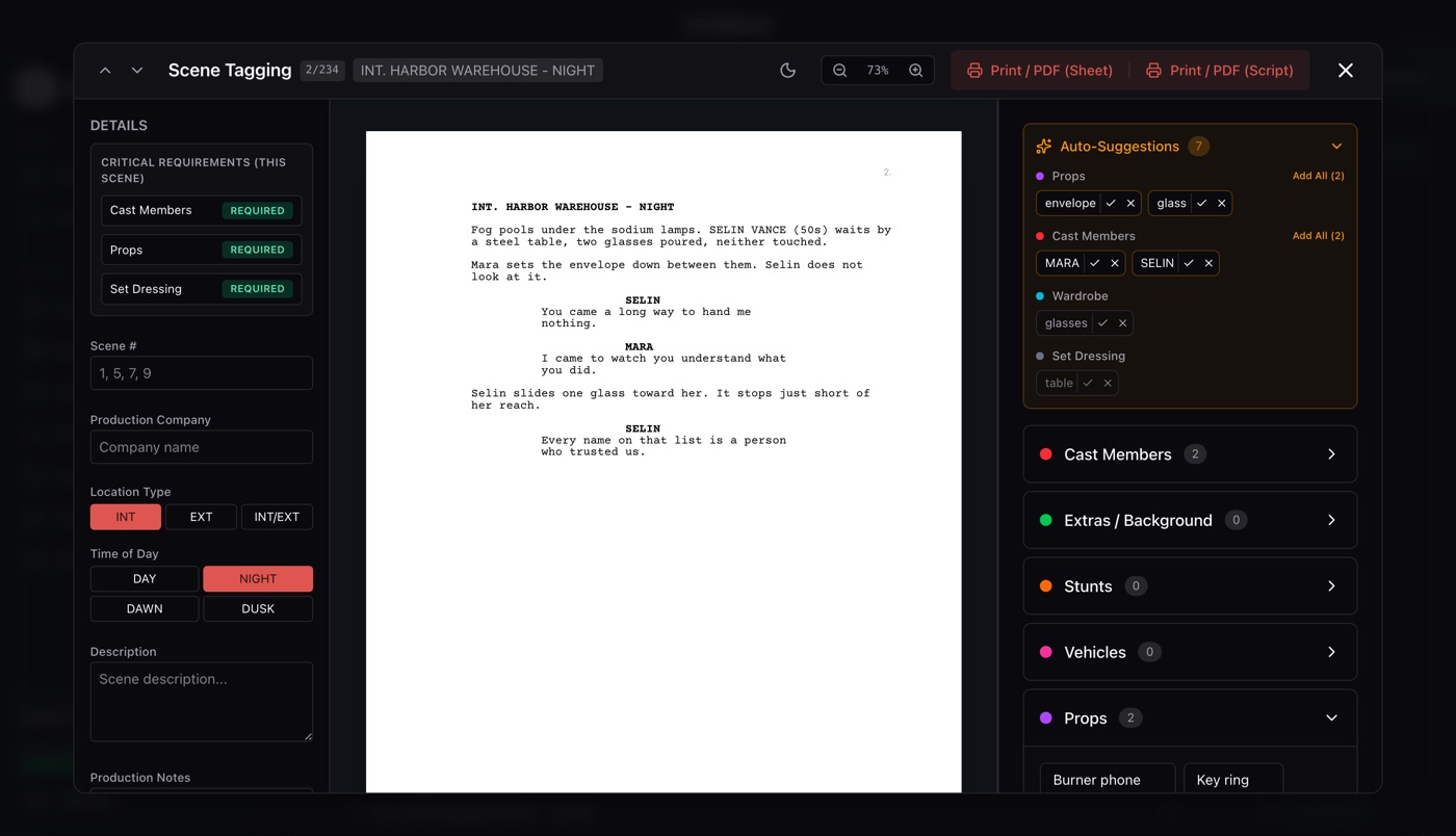 Scriptease auto-suggesting cast, props and set dressing from the script during scene breakdown