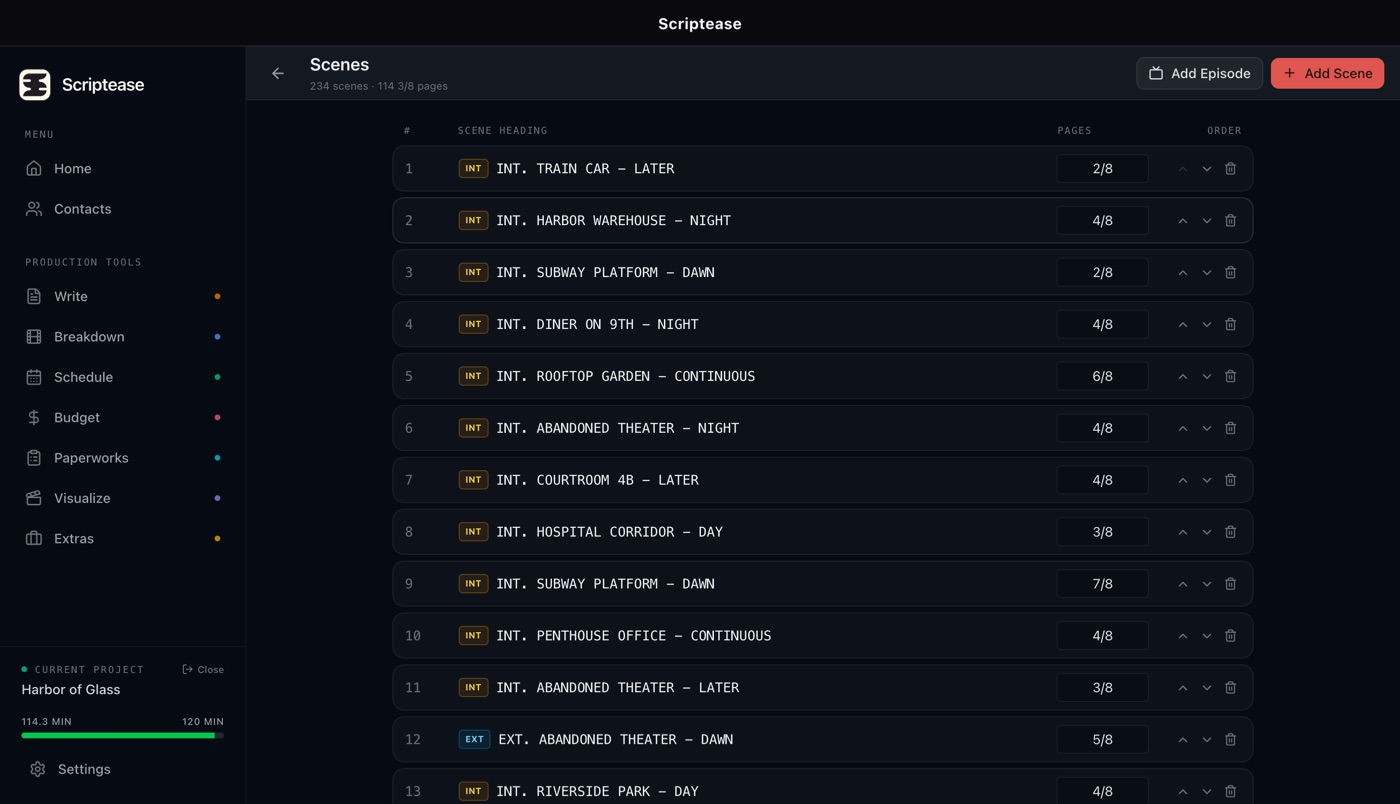 Scriptease scene list with page counts — build a schedule without a script