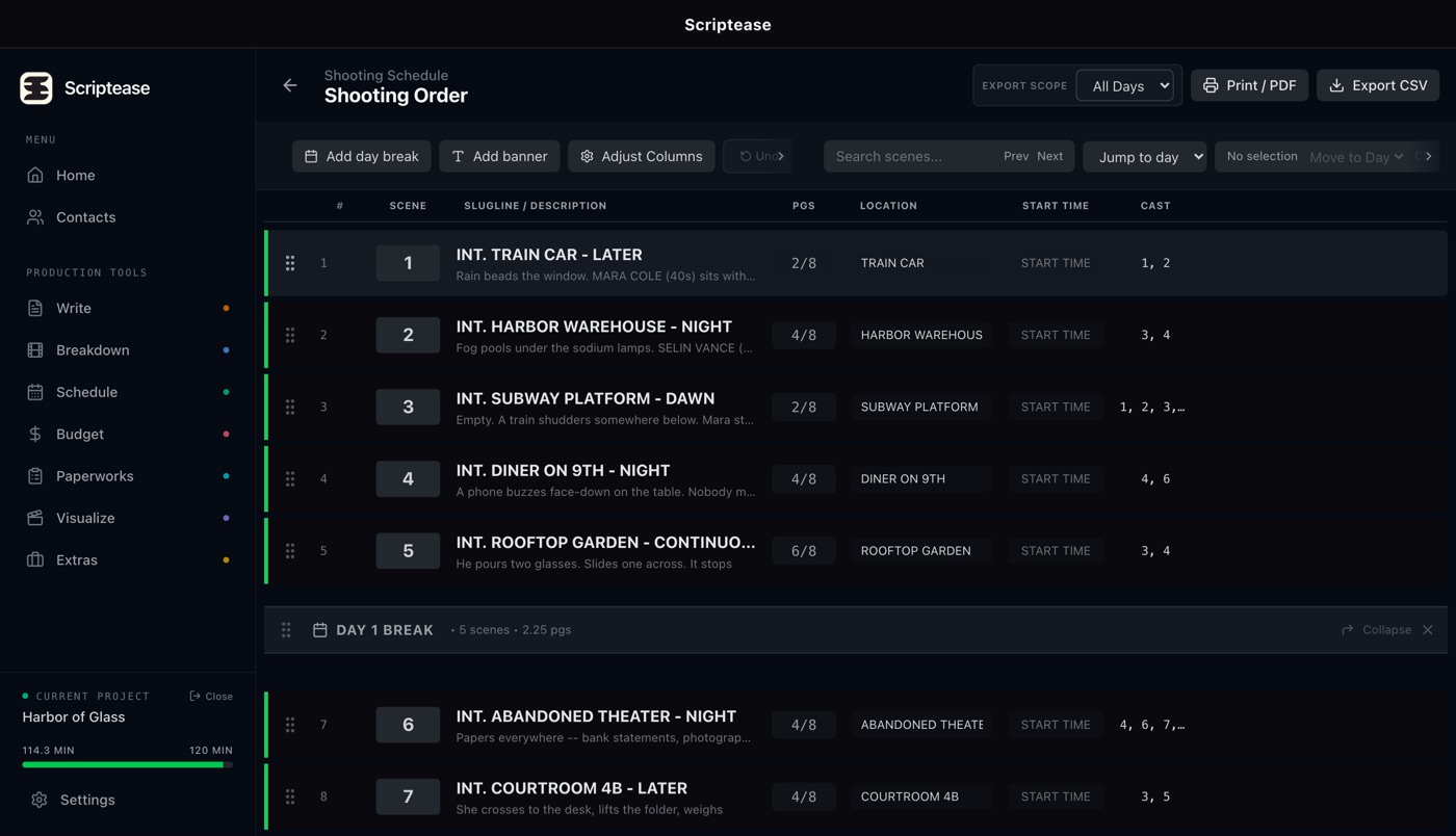 Scriptease shooting stripboard with day breaks, page counts and cast numbers
