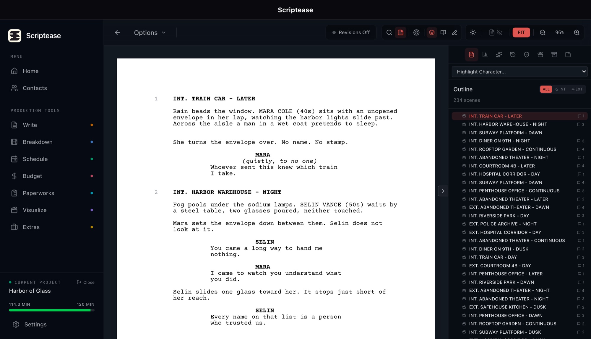Scriptease screenwriting editor with a formatted screenplay page and scene outline