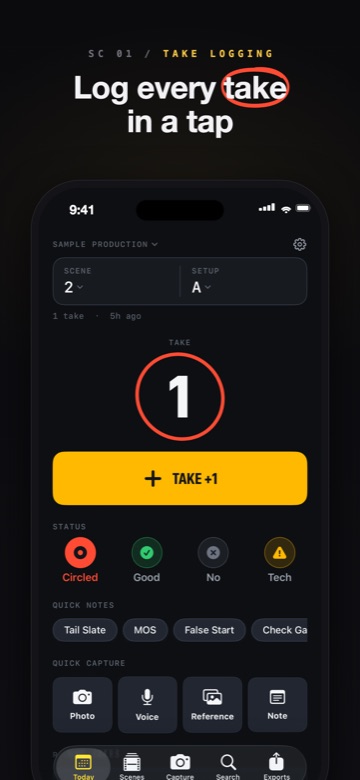 Scripty take logging with circled, good, no-good and tech status