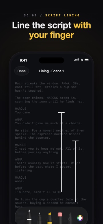 Scripty script lining — coverage lines drawn over the script