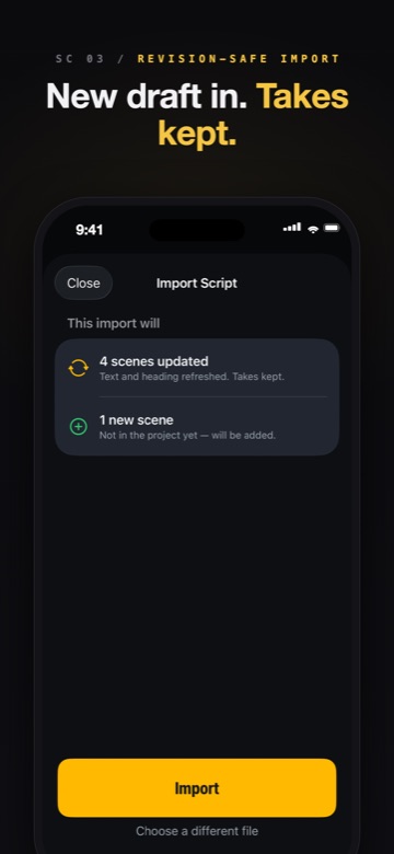 Scripty revision-safe import showing scenes updated and takes kept
