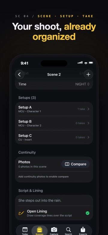 Scripty scene, setup and take structure with continuity photos