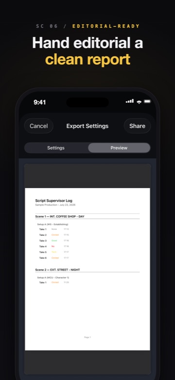 Scripty script supervisor log PDF preview