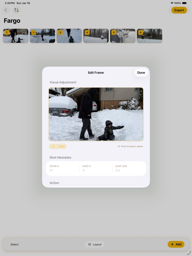 StorySheet frame editor with scene, shot and shot size fields