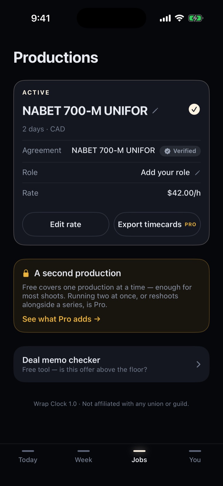 Wrap Clock Jobs screen with the active production hero card — agreement, Verified badge, role and $42.00 per hour rate — plus the Deal memo checker