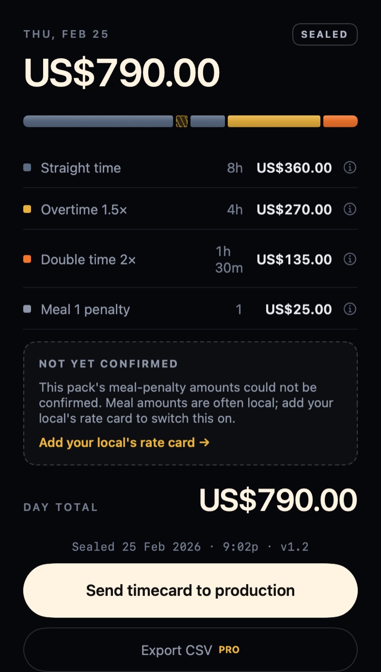 A sealed Wrap Clock receipt itemising straight time, overtime tiers and a meal penalty, each line with an explain icon, marked SEALED with a timestamp and rules-pack version
