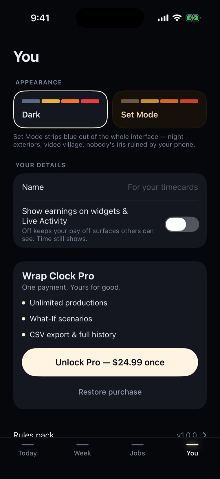 Wrap Clock You tab with theme tiles, a name field, the Show earnings on widgets and Live Activity switch off by default, and Wrap Clock Pro at $24.99 once